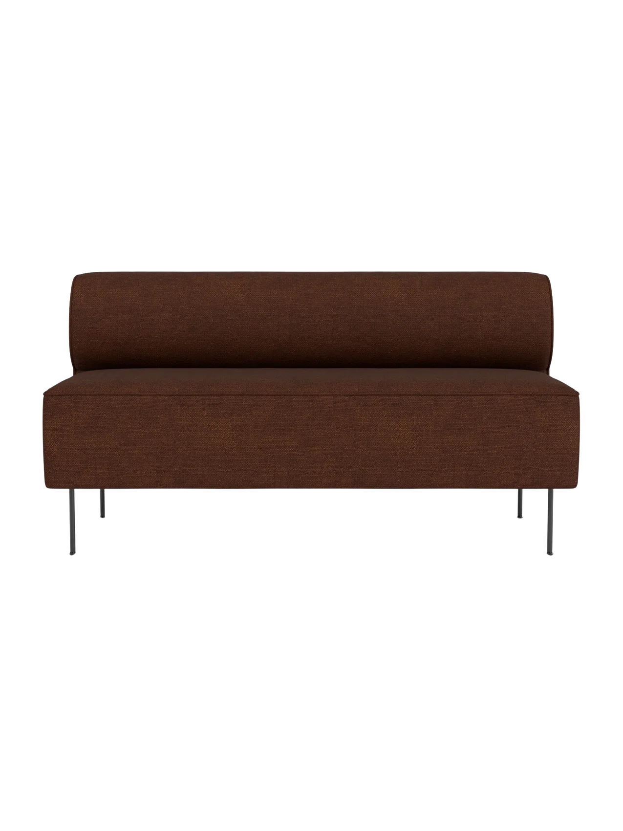 A front-on view of the Eave Dining Sofa, an open-section module. It is upholstered in brown fabric and has thin metal legs.