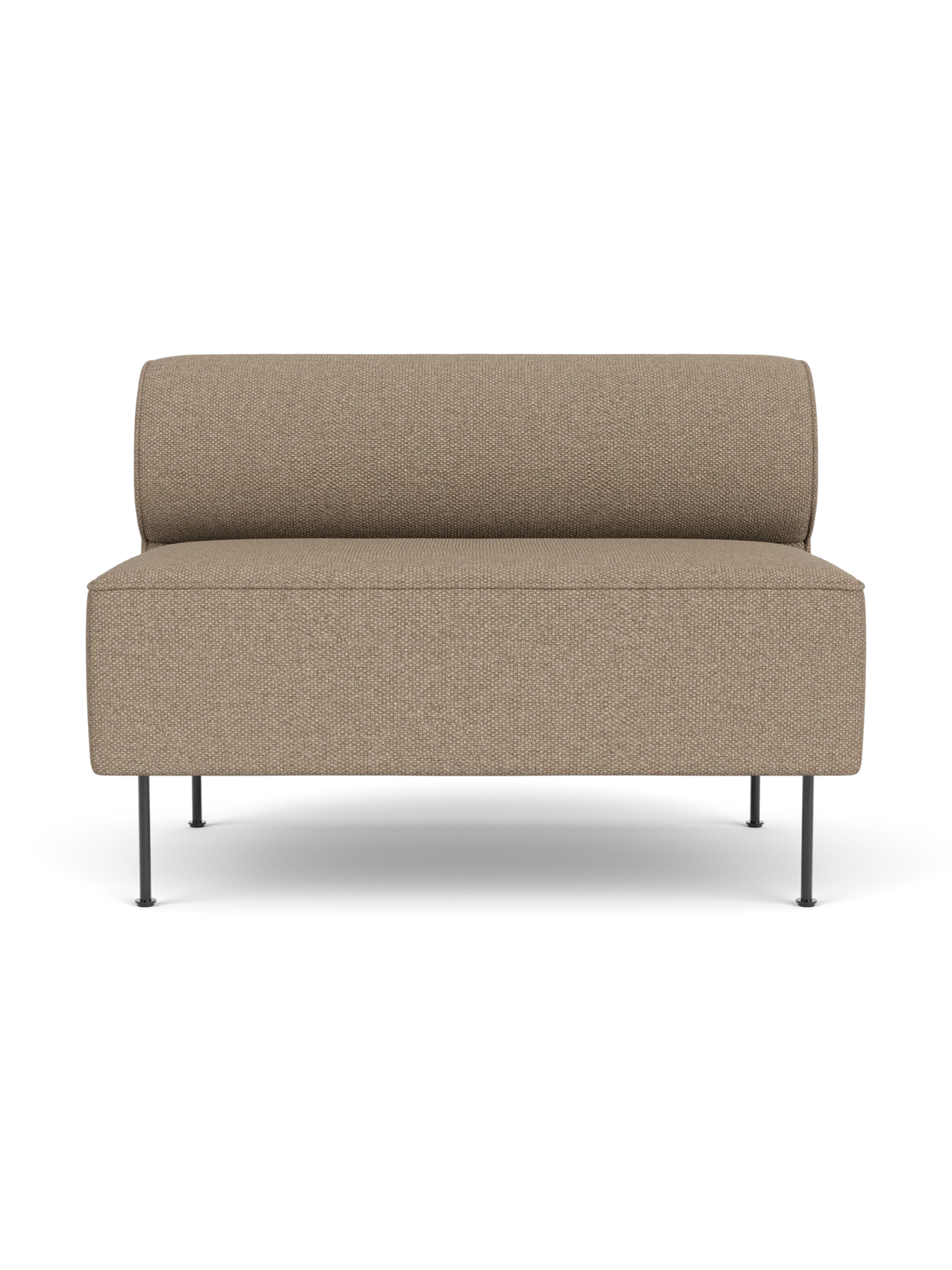 A front view of the Eave Dining Sofa, open section module upholstered in beige Logan Flint fabric on slim black legs.
