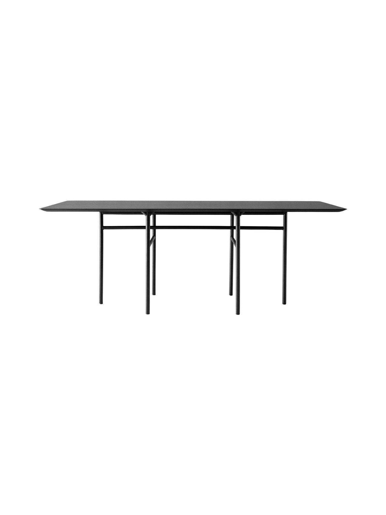 A full side view of the Snaregade Dining Table, Rectangular, in black oak veneer with a black powder-coated steel base.