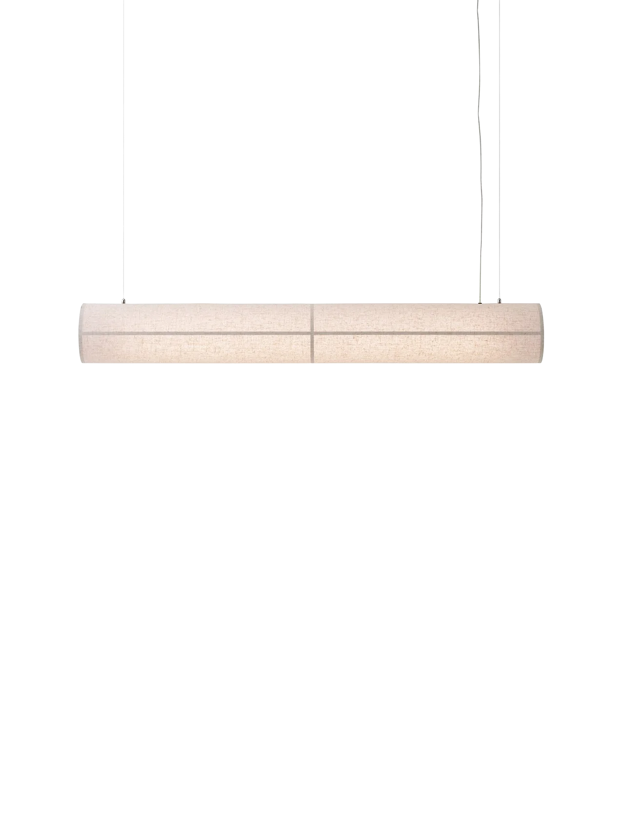 Front view of the Hashira Linear Pendant Lamp, Raw. Lit, horizontal lamp with a linen shade on a black background.