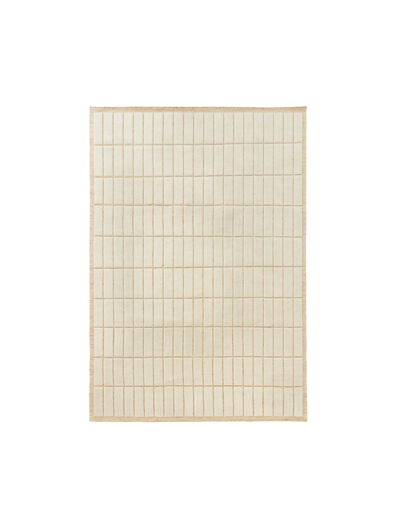 Top-down view of a square, cream-coloured rug featuring a grid pattern of raised rectangular tiles with a textured border.