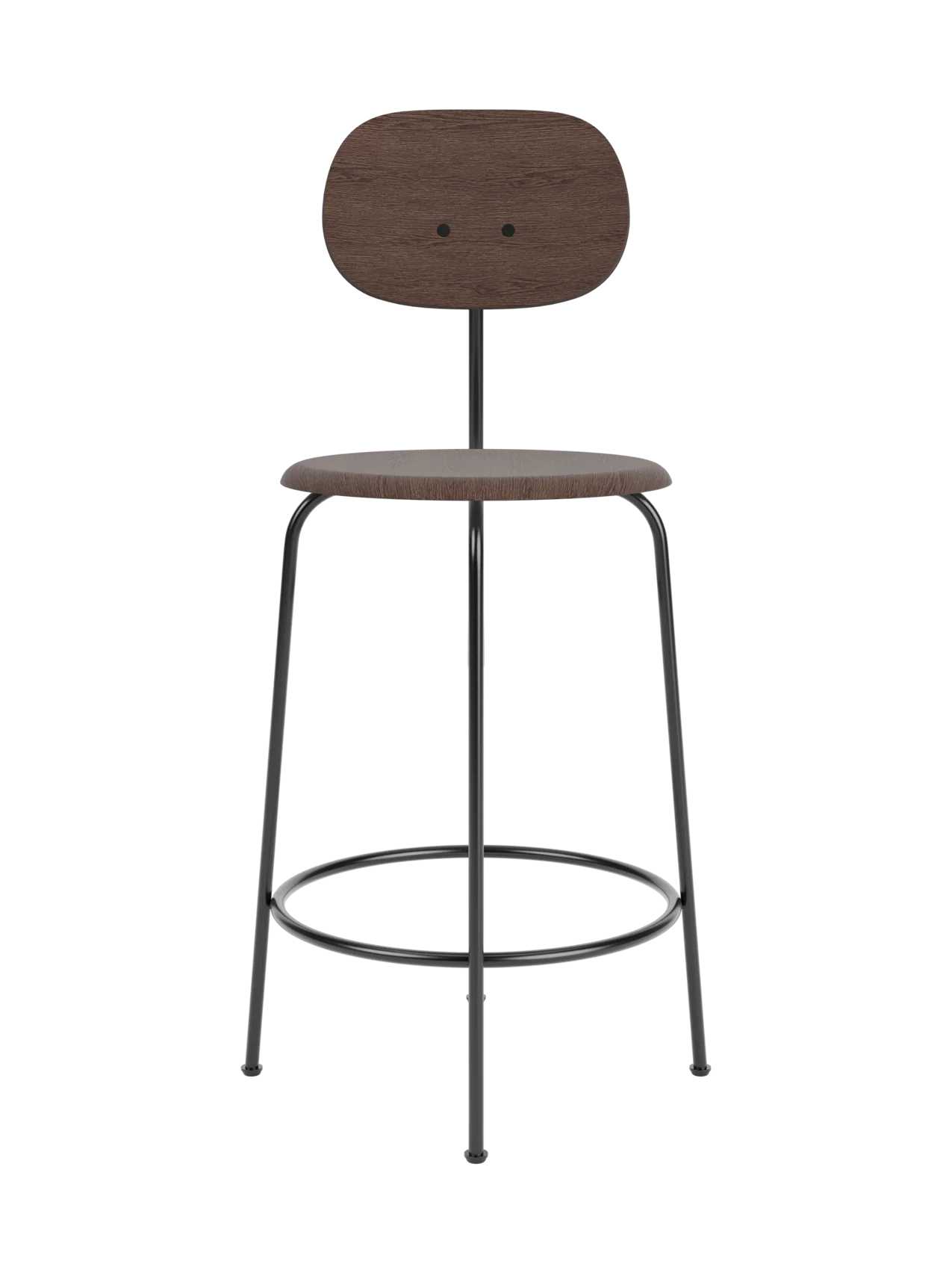 A front-on studio shot of the Afteroom Counter Chair Plus, Veneer in dark stained oak with a black powder-coated steel frame.