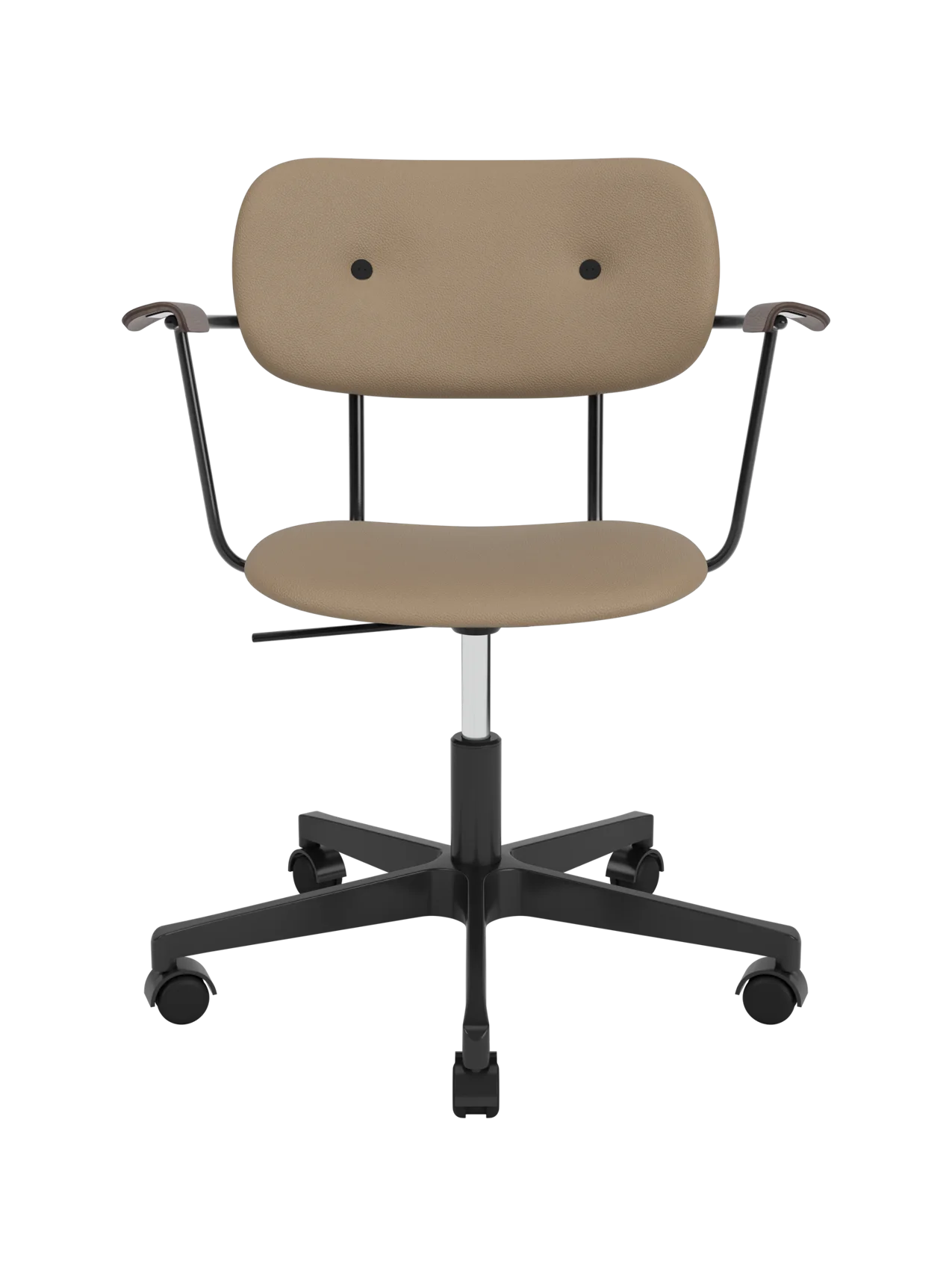 Fully upholstered Co Task Chair with tan Sierra 1611 upholstery and dark stained oak armrests on a black swivel base.