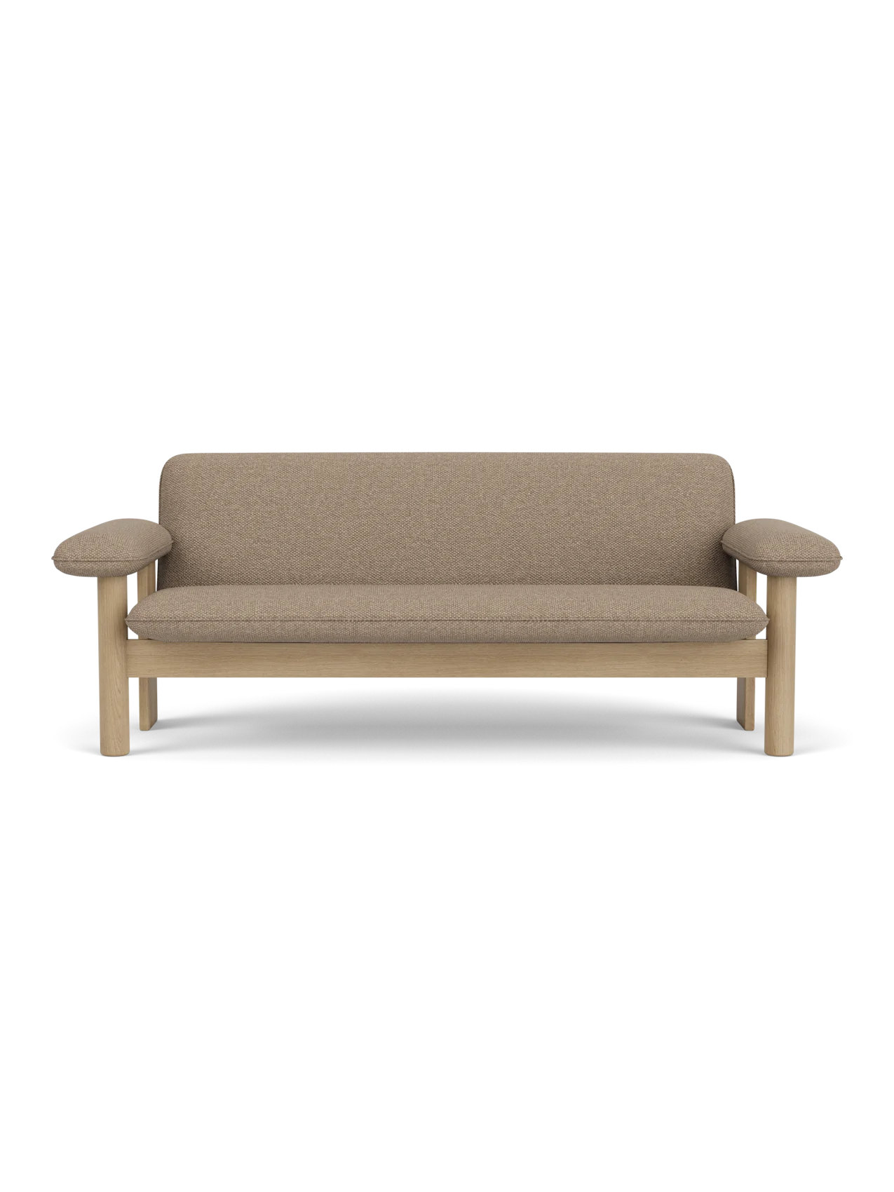 Front view of the Brasilia Sofa. The two-seater has a natural oak frame with rounded legs and exaggerated, padded armrests.