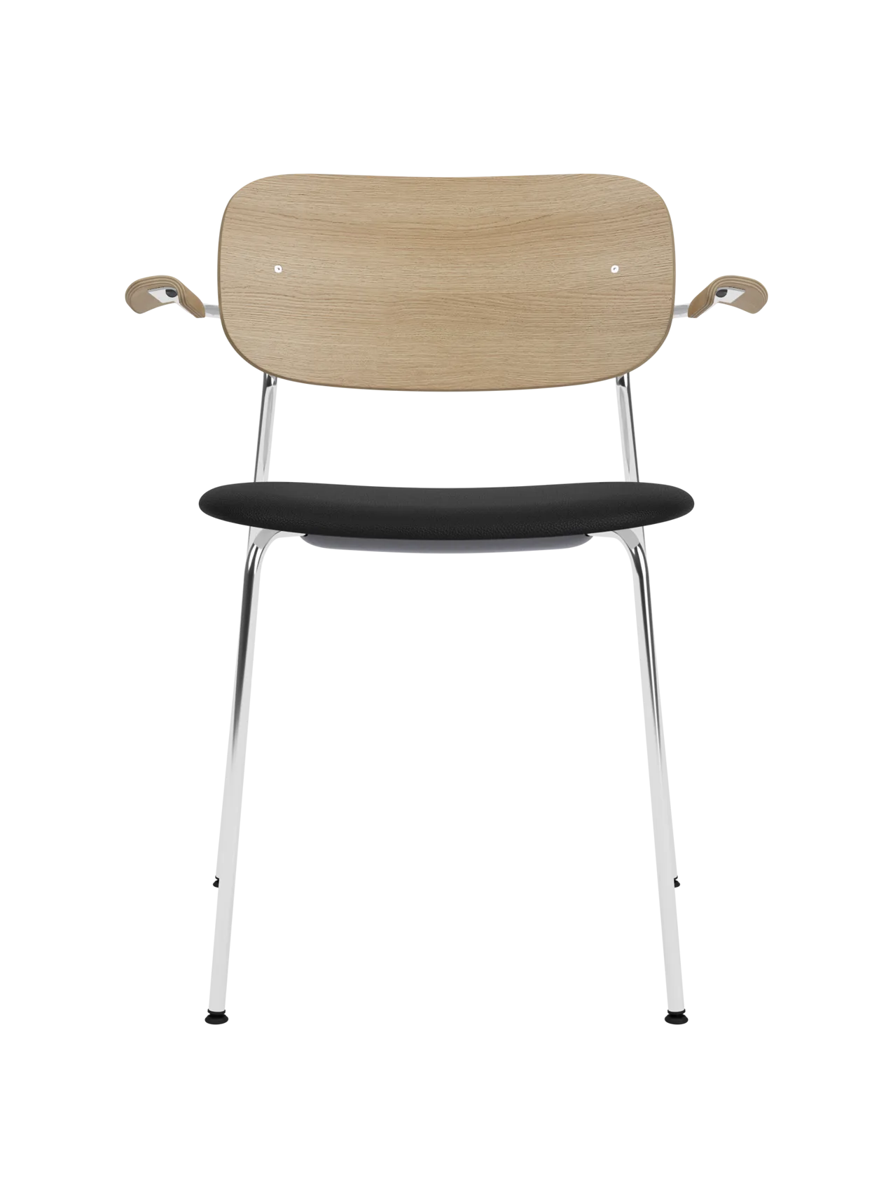 Co Dining Chair with a chrome frame, natural oak backrest and armrests, and a black Sierra leather upholstered seat.