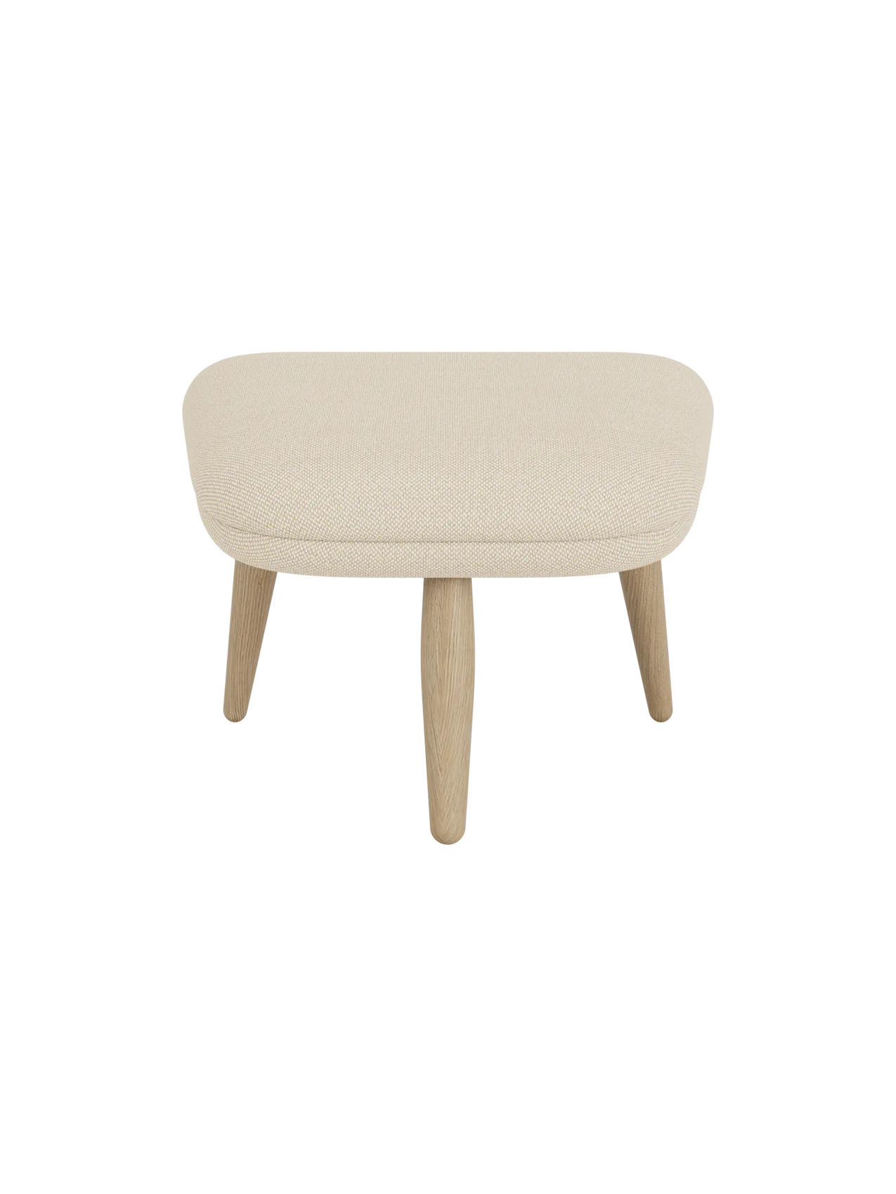 Front view of the Oda Ottoman, upholstered in a light cream Hallingdal 200 fabric, with four angled legs in natural oak.