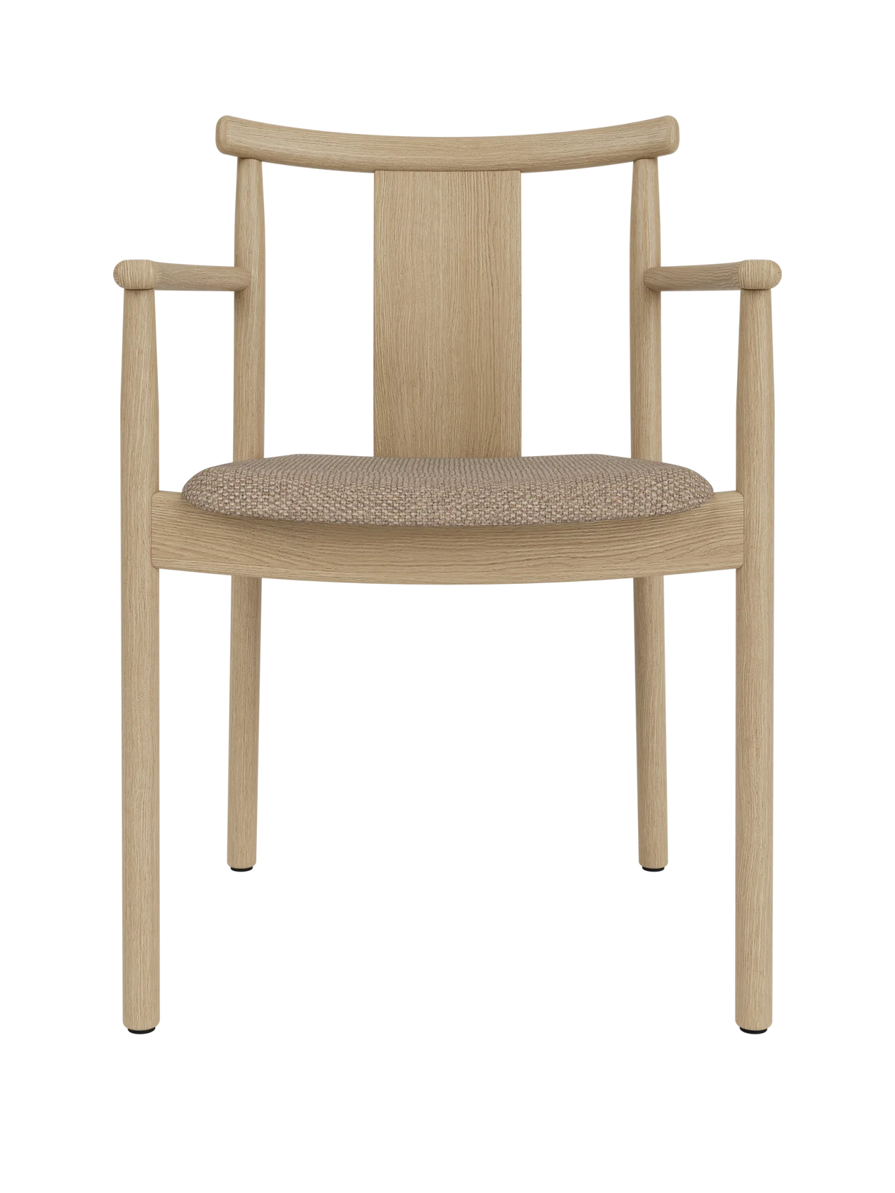 Natural oak Merkur Dining Chair w/Armrests with a textured Logan Flint upholstered seat and curved wooden backrest.