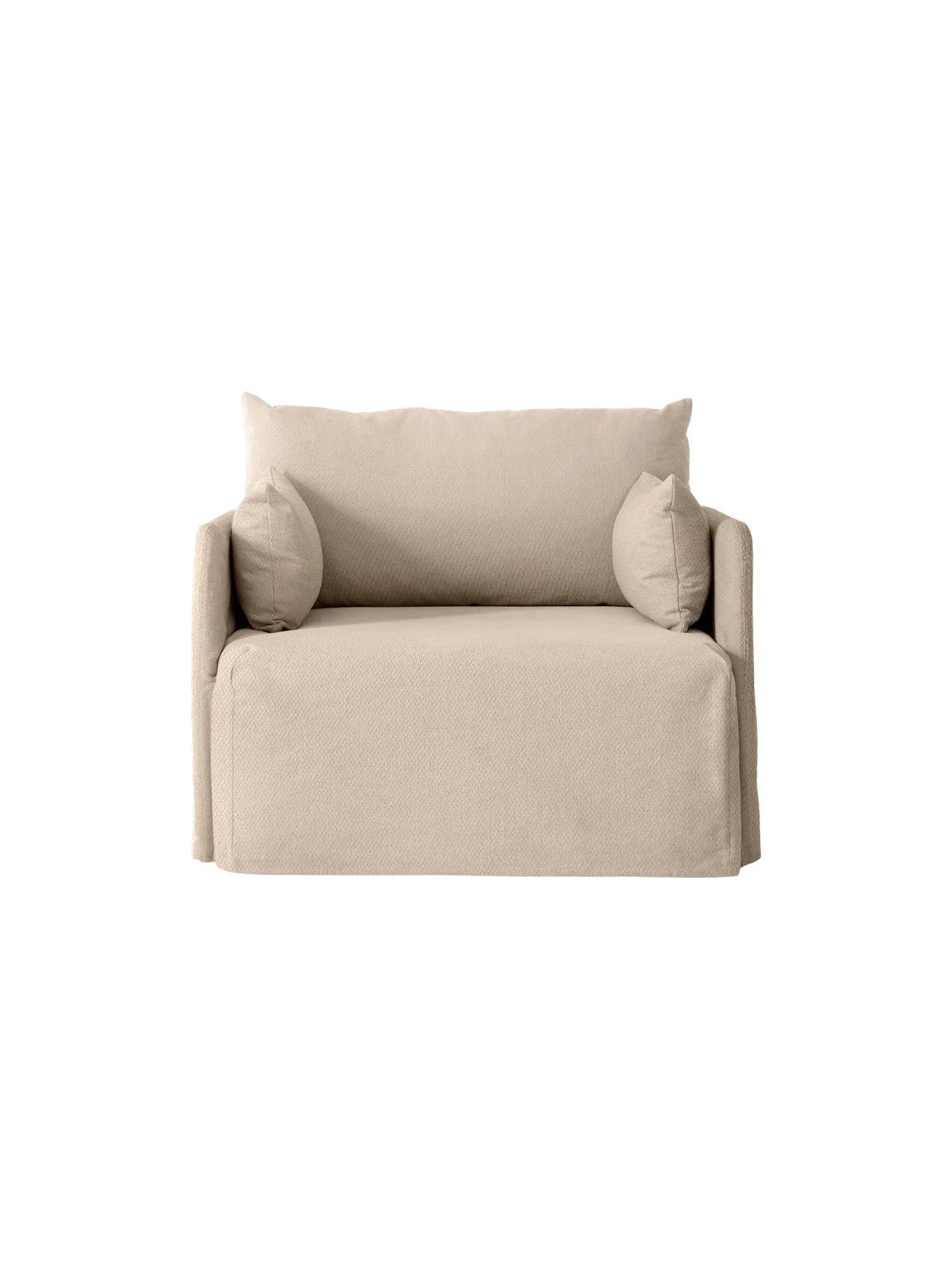 Frontal view of the Offset 1-Seater Sofa with a sand-coloured loose cover, large back cushion and two smaller side cushions.