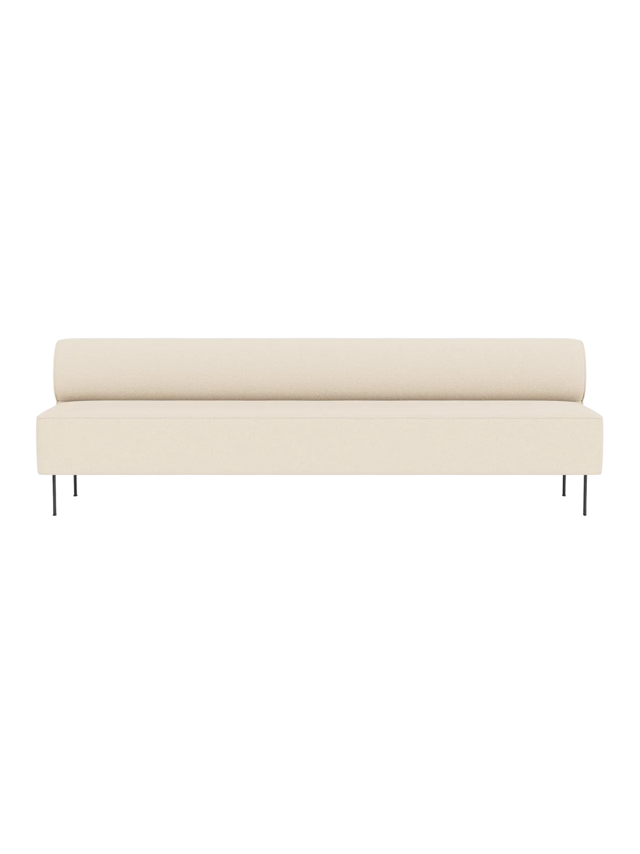 Front view of the Eave Dining Sofa in cream Logan Jasmine upholstery, showing its long, minimalist form and thin metal legs.