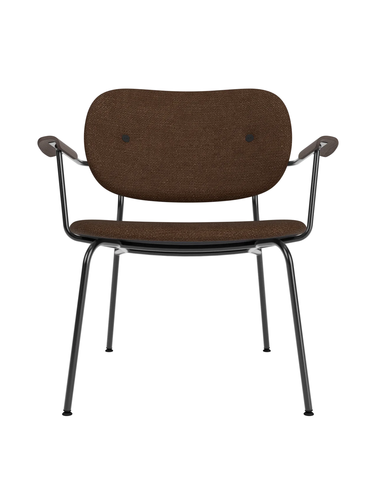 Co Lounge Chair, fully upholstered in brown bouclé fabric with dark stained oak armrests and slender black steel legs.