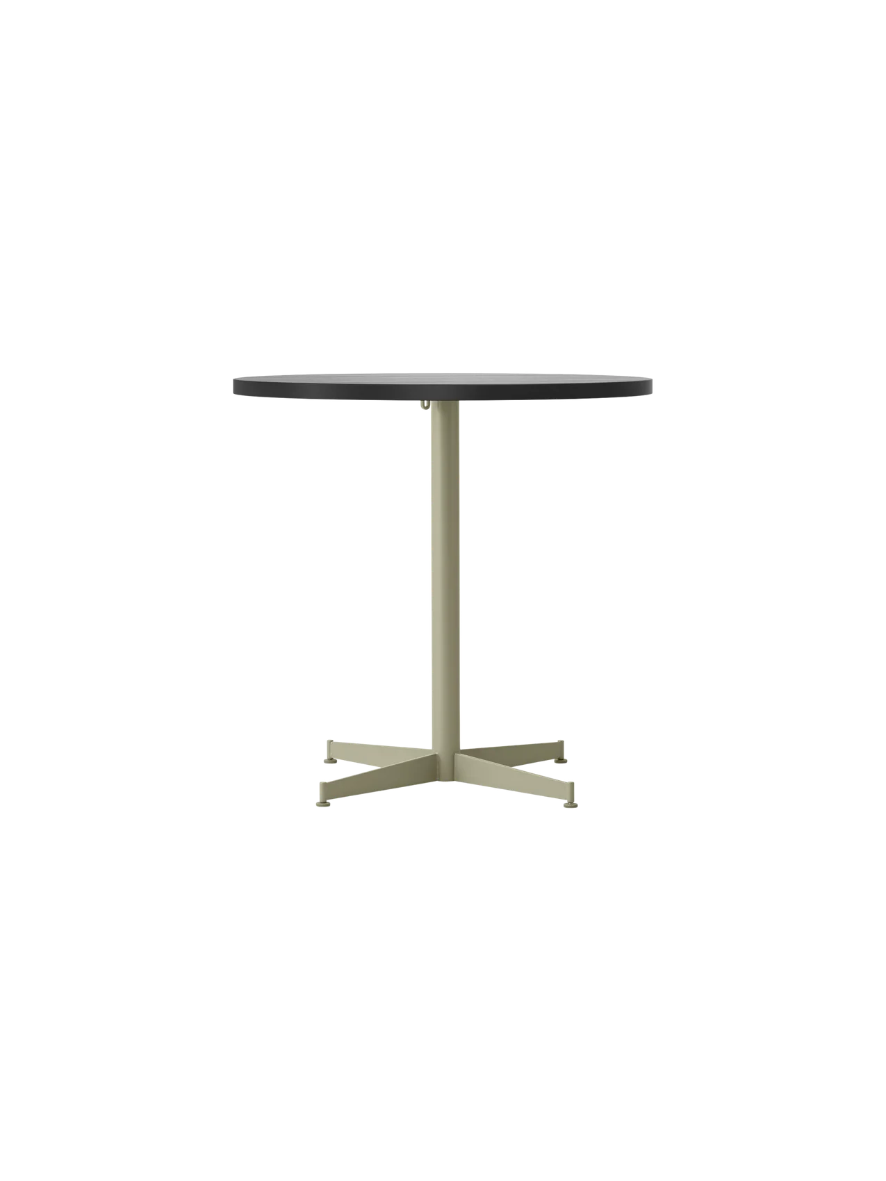 Front view of the Nook Dining Table, featuring a dark, round tabletop and a slender, olive pedestal with a four-star base.