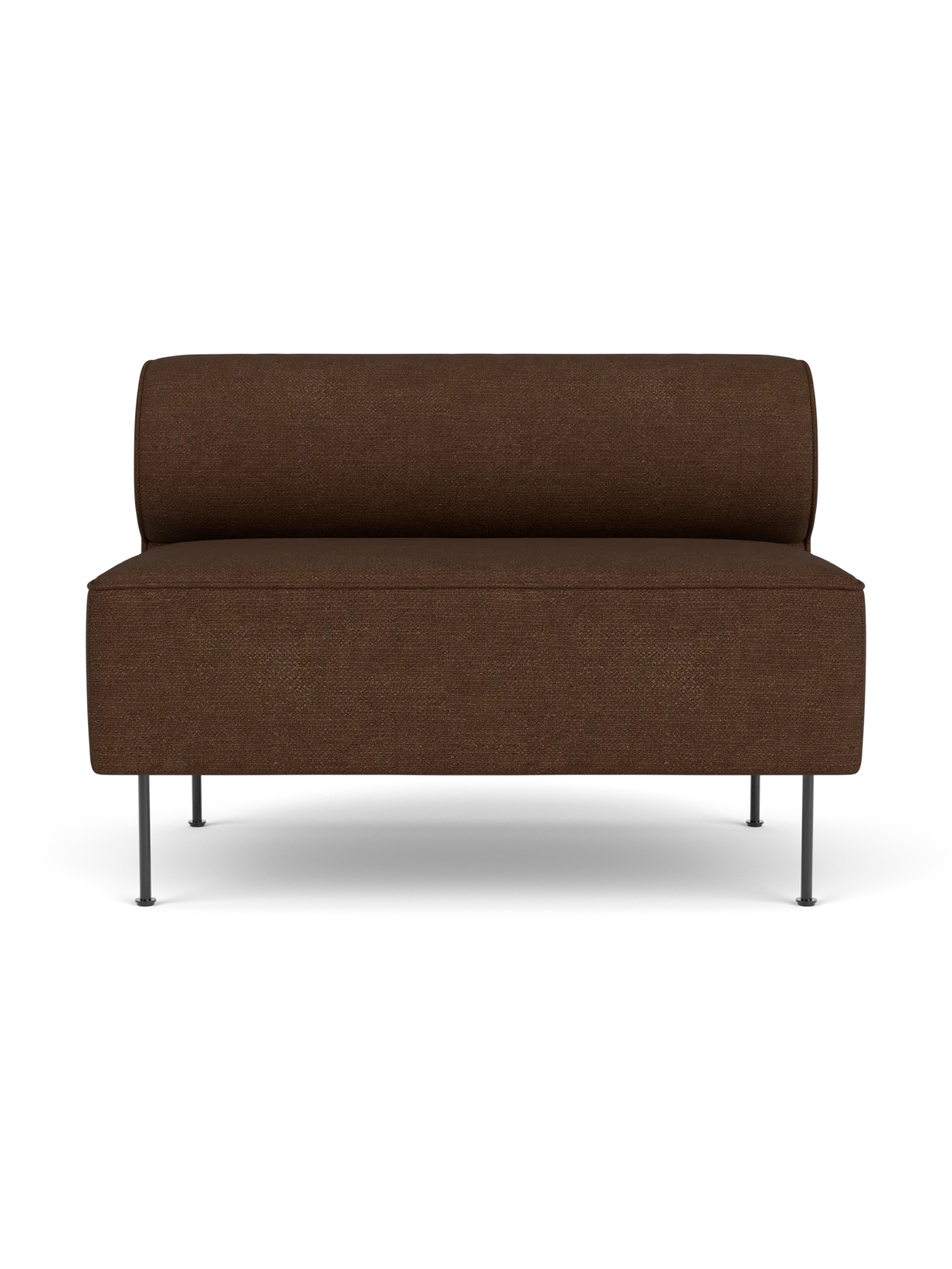 A front-on view of the Eave Dining Sofa module, upholstered in a textured brown Audo Bouclé fabric and has thin metal legs.