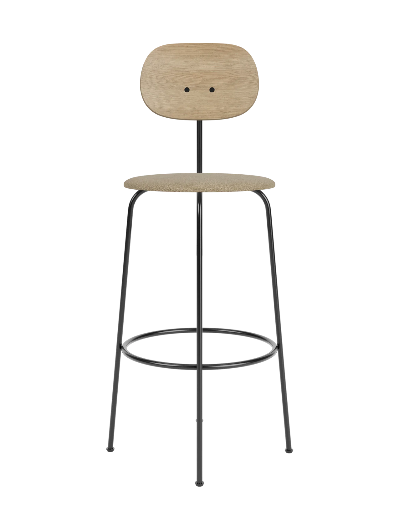 Afteroom Bar Chair Plus with natural oak backrest and beige upholstered seat on a slender black powder-coated frame.