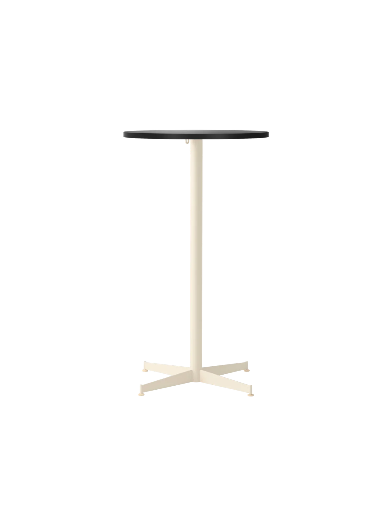Front view of the Nook Bar Table with a round, charcoal linoleum top and a slender, ivory powder-coated steel column base.