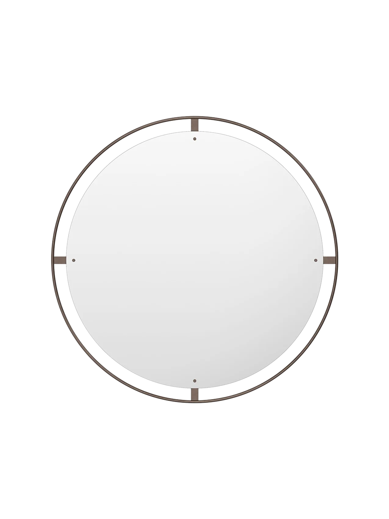 Front-on view of the large, circular Nimbus Mirror 110, featuring a delicate bronzed brass frame held by four small brackets.