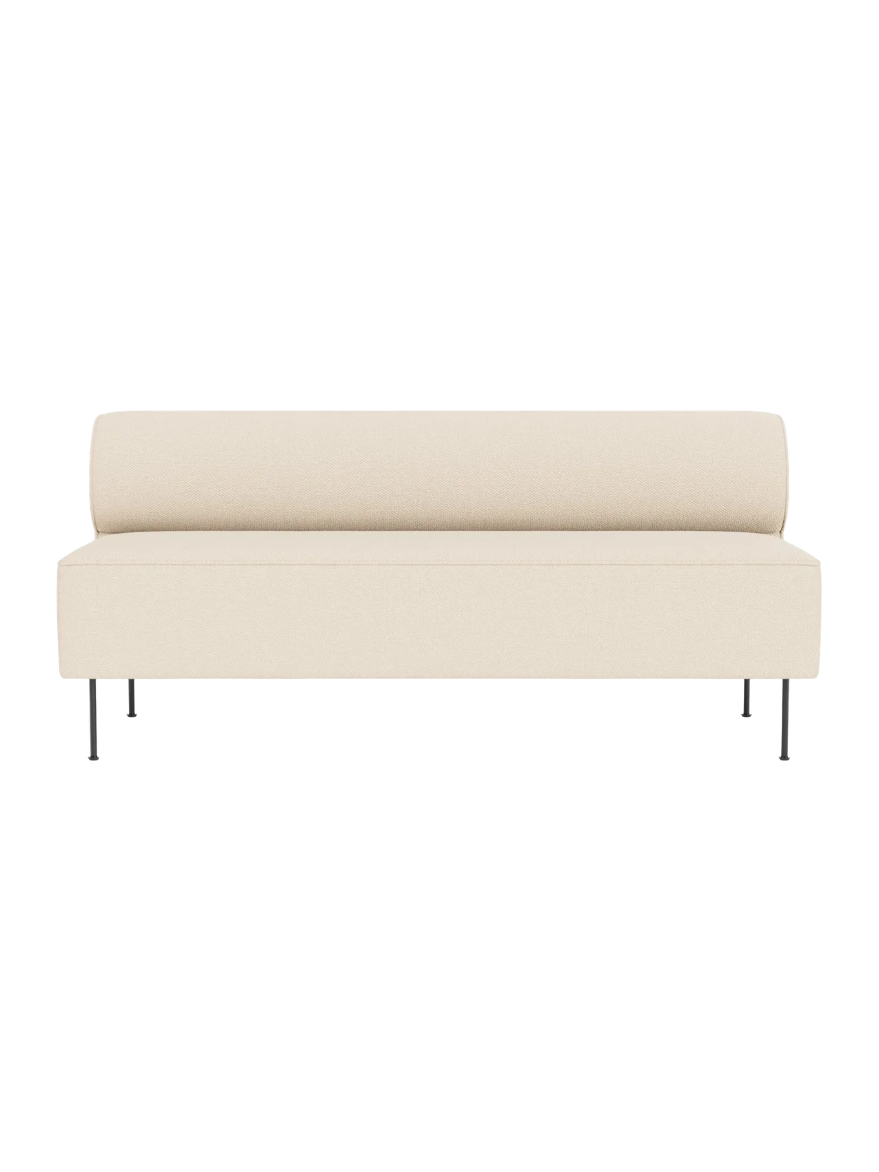 Front view of the Eave Dining Sofa in light Logan Jasmine, featuring a long seat, rounded backrest, and slim black legs.