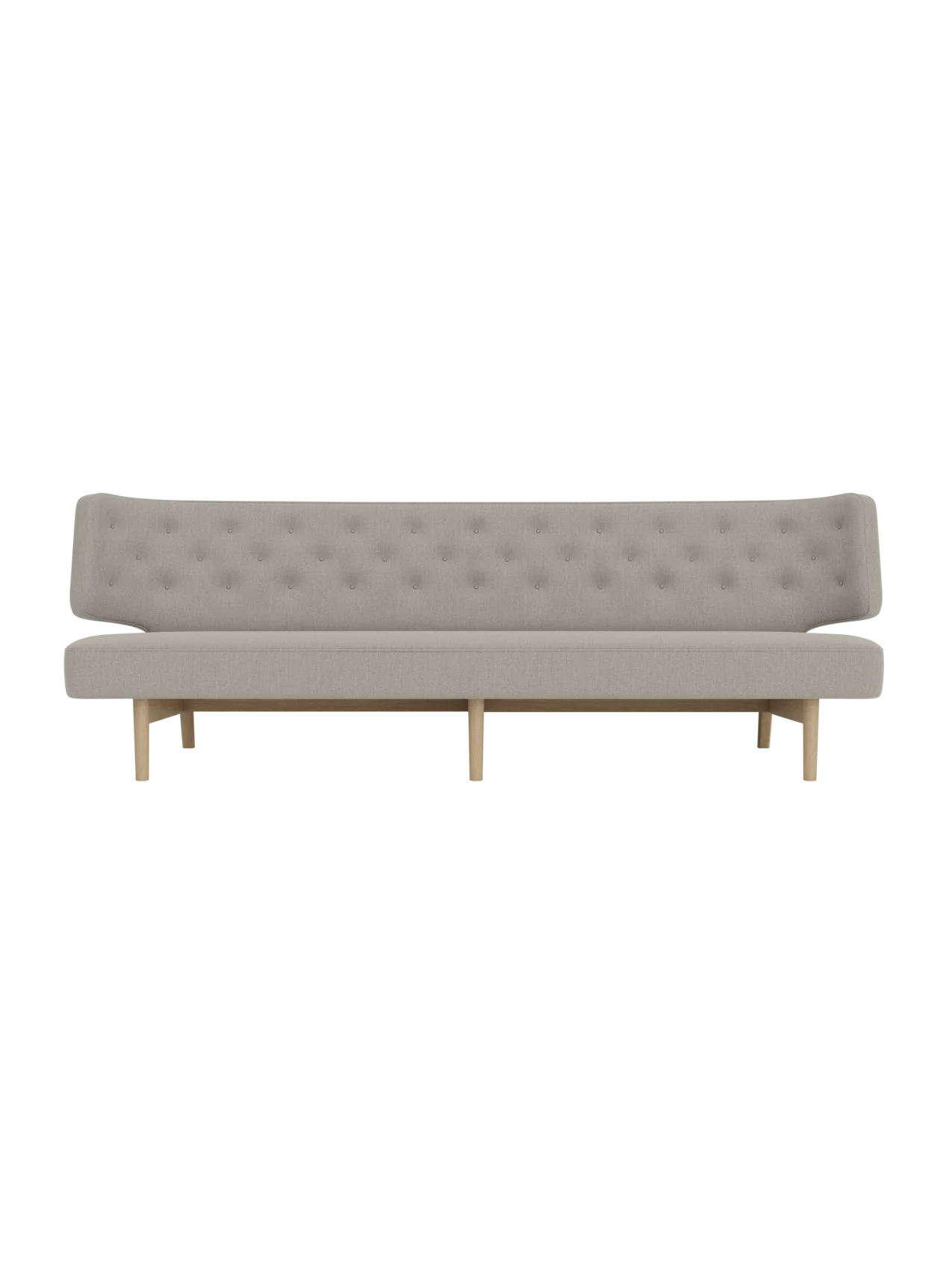 Radiohus Sofa with light grey Re-wool 218 upholstery and natural oak legs, featuring a curved, button-tufted backrest.