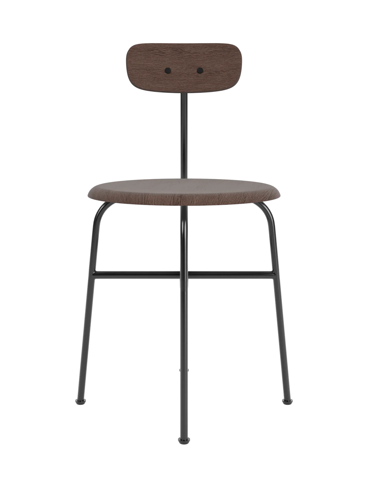 Front view of the Afteroom Dining Chair, Veneer, dark stained oak seat and backrest on a black powder-coated steel frame.