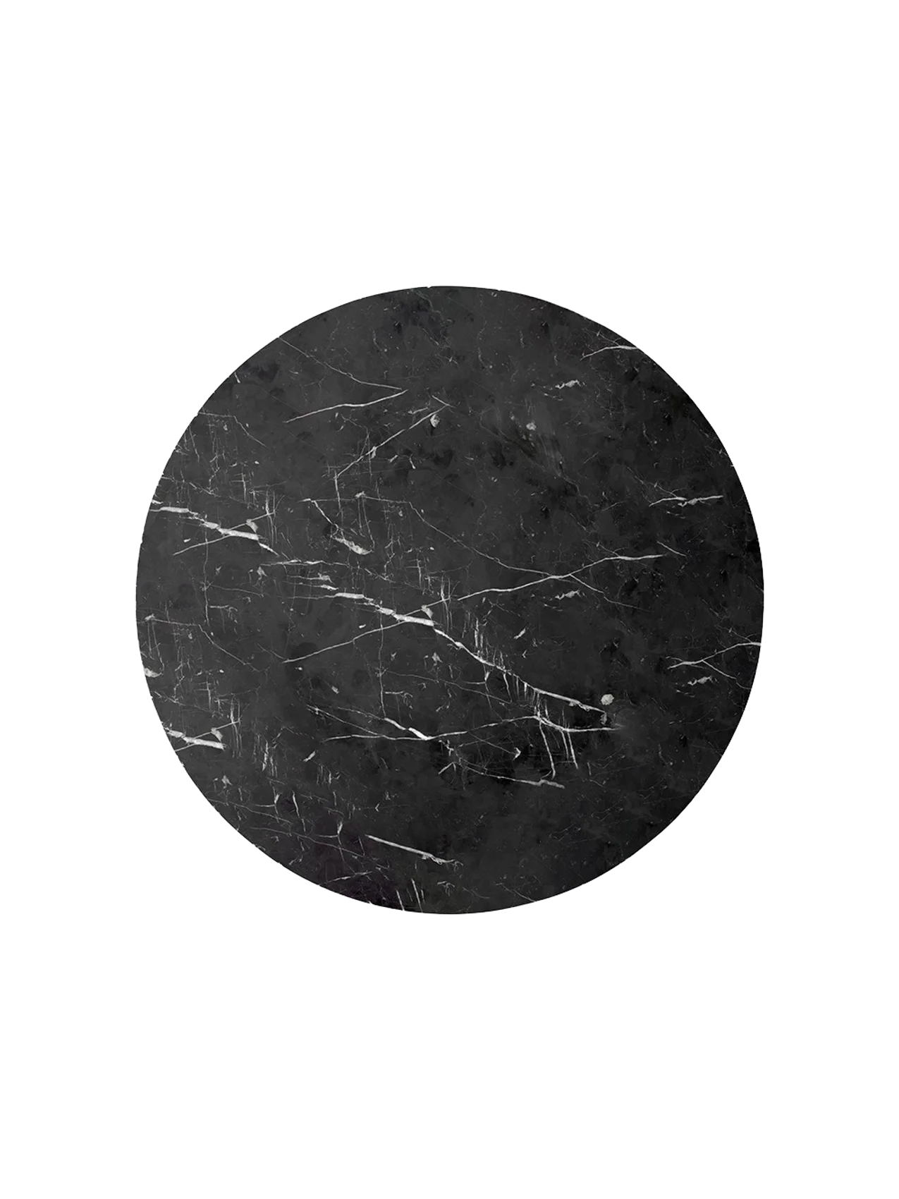 A top-down view of the circular Androgyne Side Tabletop in black Nero Marquina marble, showing its intricate white veining.