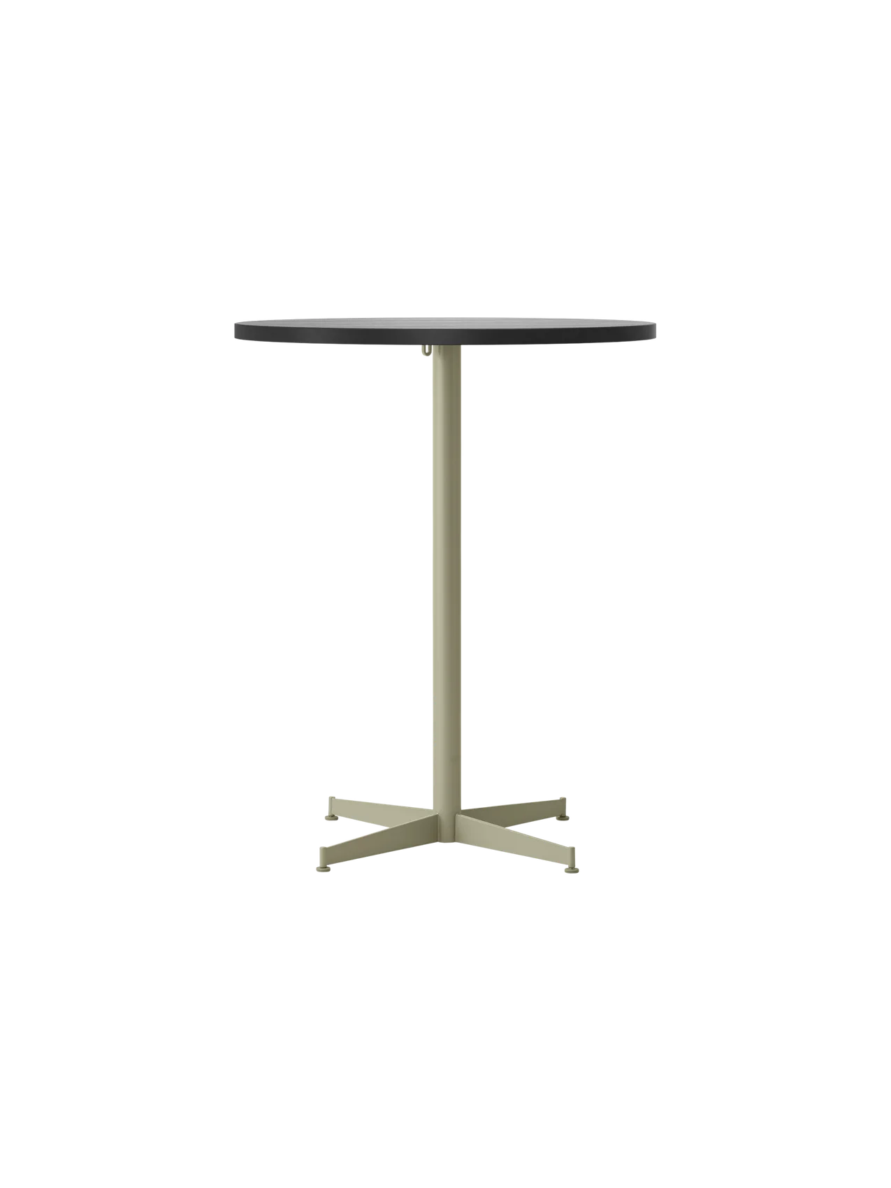 Front view of the Nook Counter Table with a round, light-coloured top and a pale olive-green base on a four-star foot.