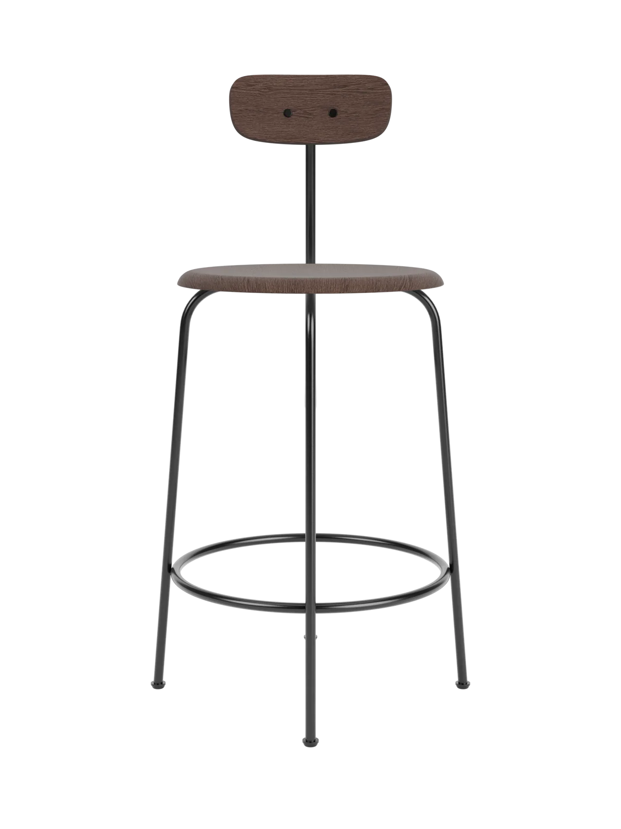 Front view of the Afteroom Counter Chair in dark stained oak veneer, showing its slim black steel frame and wooden seat.