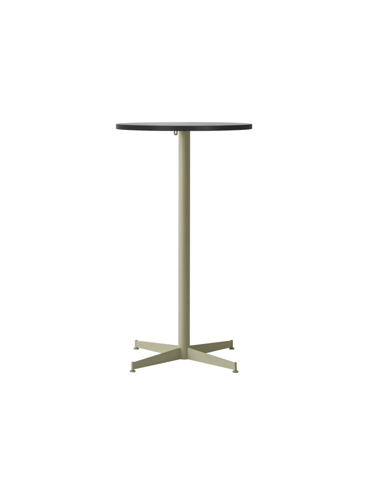 Front view of the Nook Bar Table with a circular black oak veneer top and an olive powder-coated steel pedestal base.