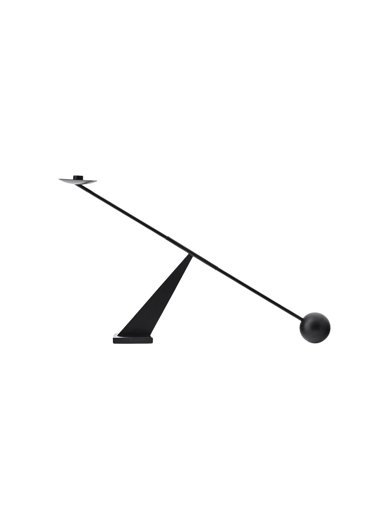 Front view of the black Interconnect Candle Holder. A rod with a candle plate is balanced on a triangular base by a sphere.