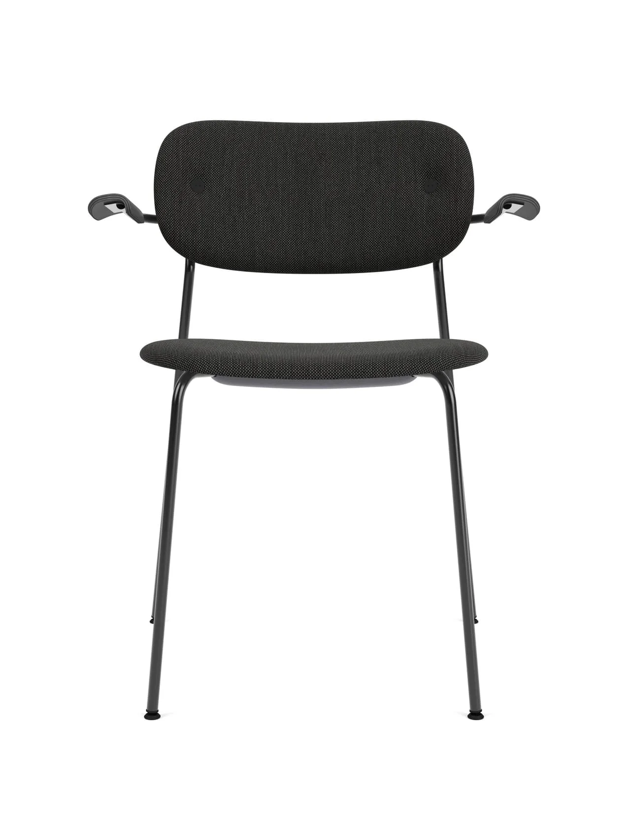 A front view of the Co Dining Chair, fully upholstered with armrests in black. The chair features a slim black metal frame.