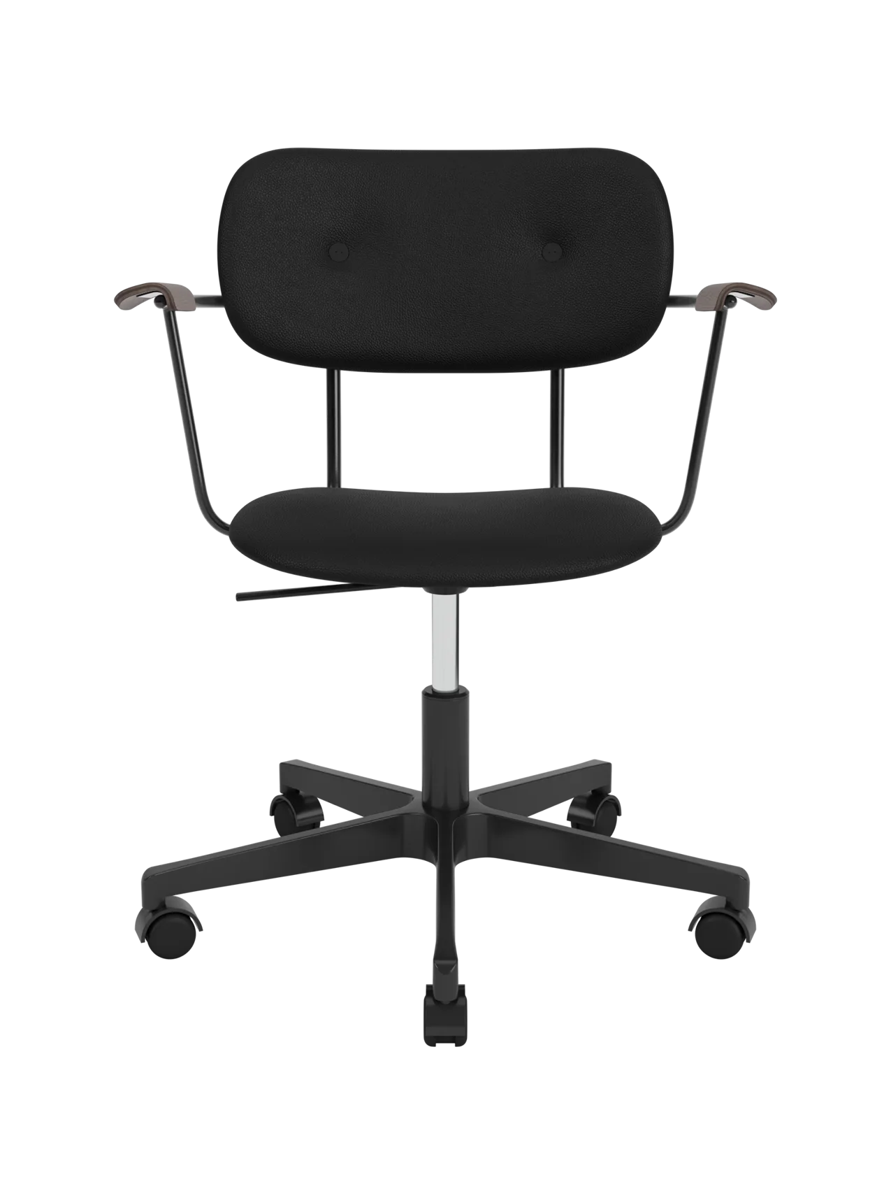 Black Co Task Chair with Sierra 1001 upholstery, dark-stained oak armrests, and a five-star swivel base on casters.