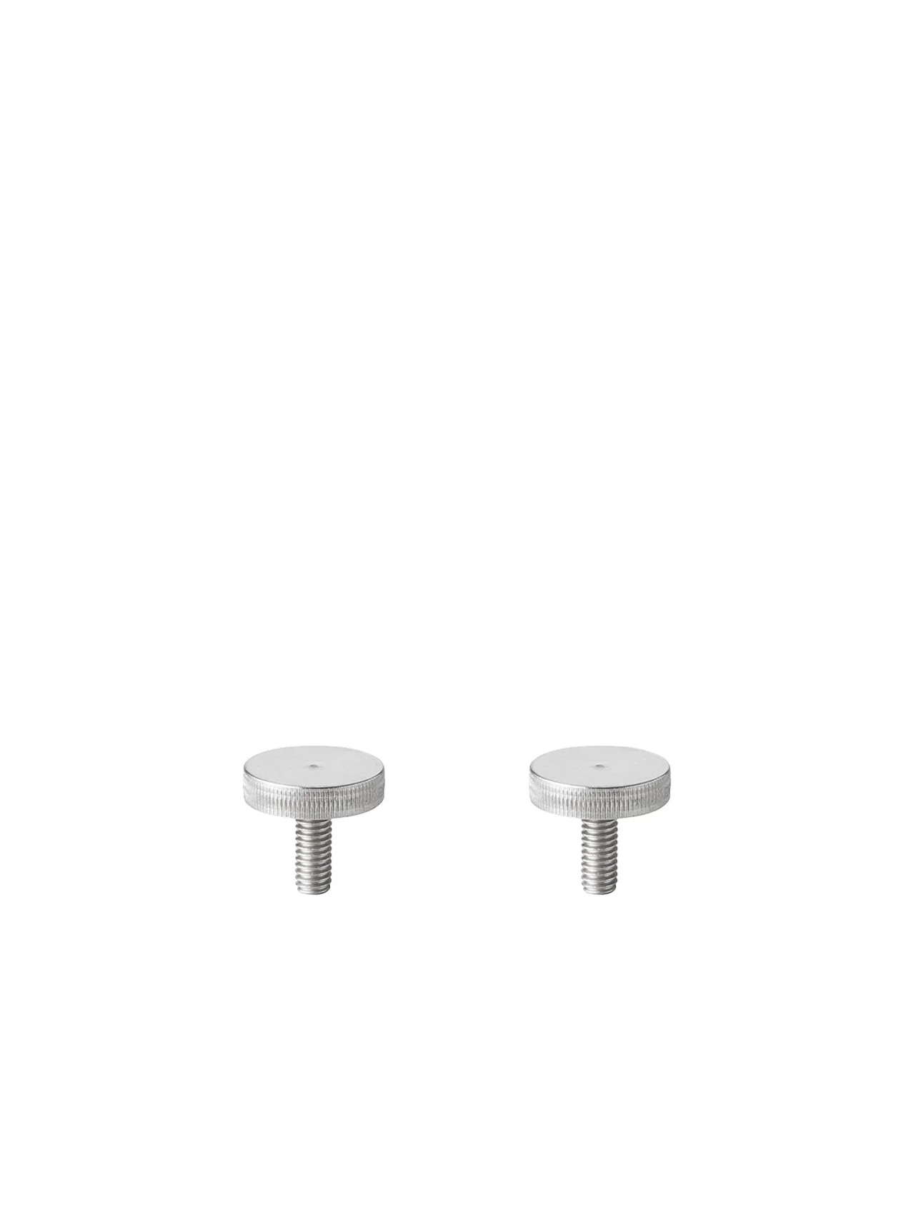 A pair of small, silver-coloured metal thumbscrews with flat, knurled heads, shown side by side against a white background.