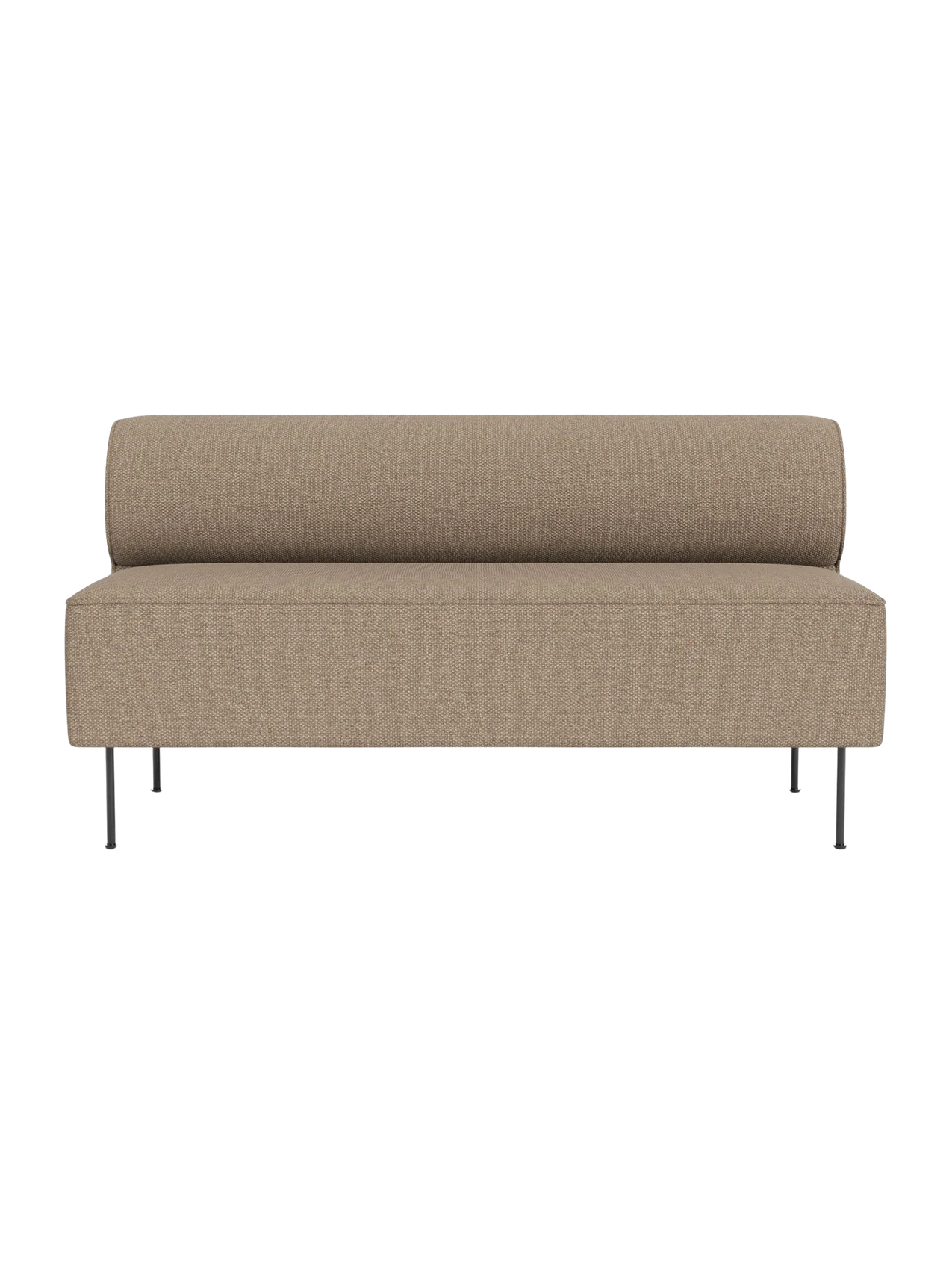 Front view of the Eave Dining Sofa in Logan Flint, with an armless design, rounded back and slender black legs.