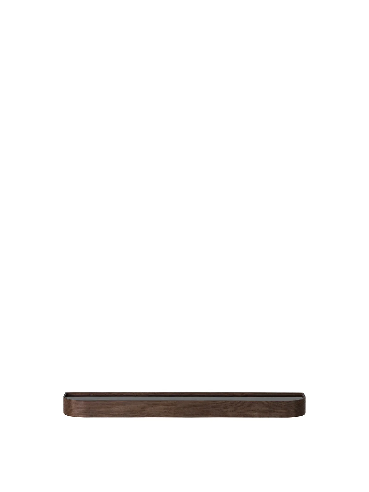 Front view of the dark stained oak Epoch Shelf. A long, minimalist wooden shelf with rounded corners on a white background.