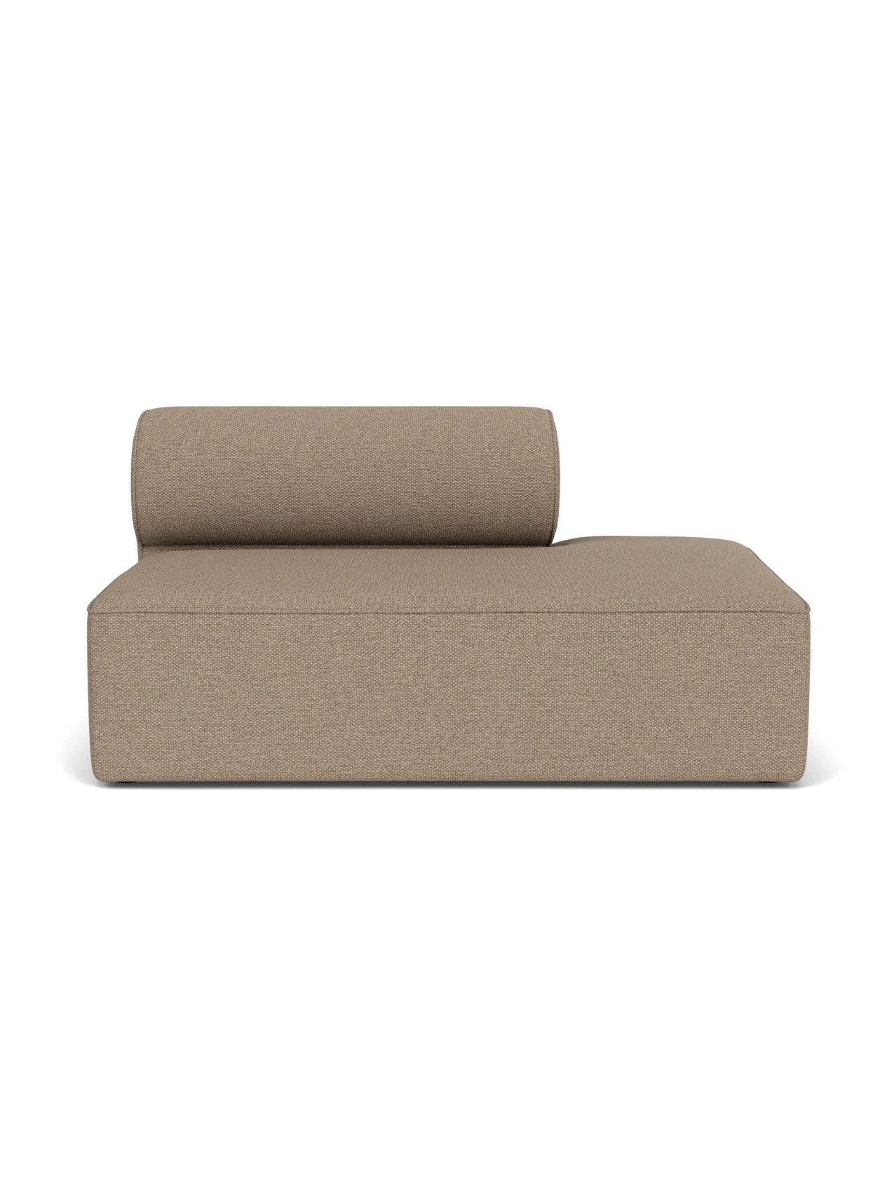 Front view of the Eave Modular Sofa, 96, Open End Right 144, upholstered in light brown Logan Flint fabric.