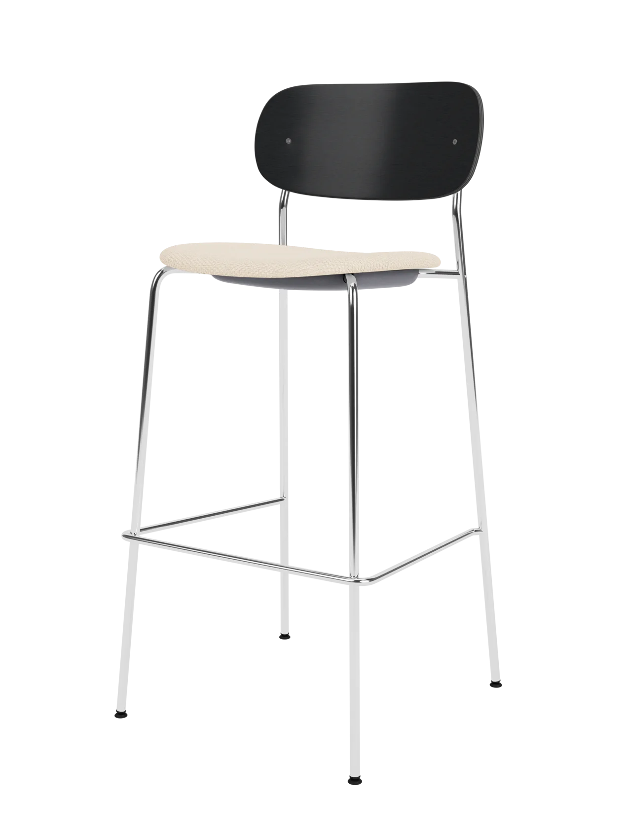 Co Bar Chair with chrome frame, black painted oak backrest and beige Logan Jasmine upholstered seat.