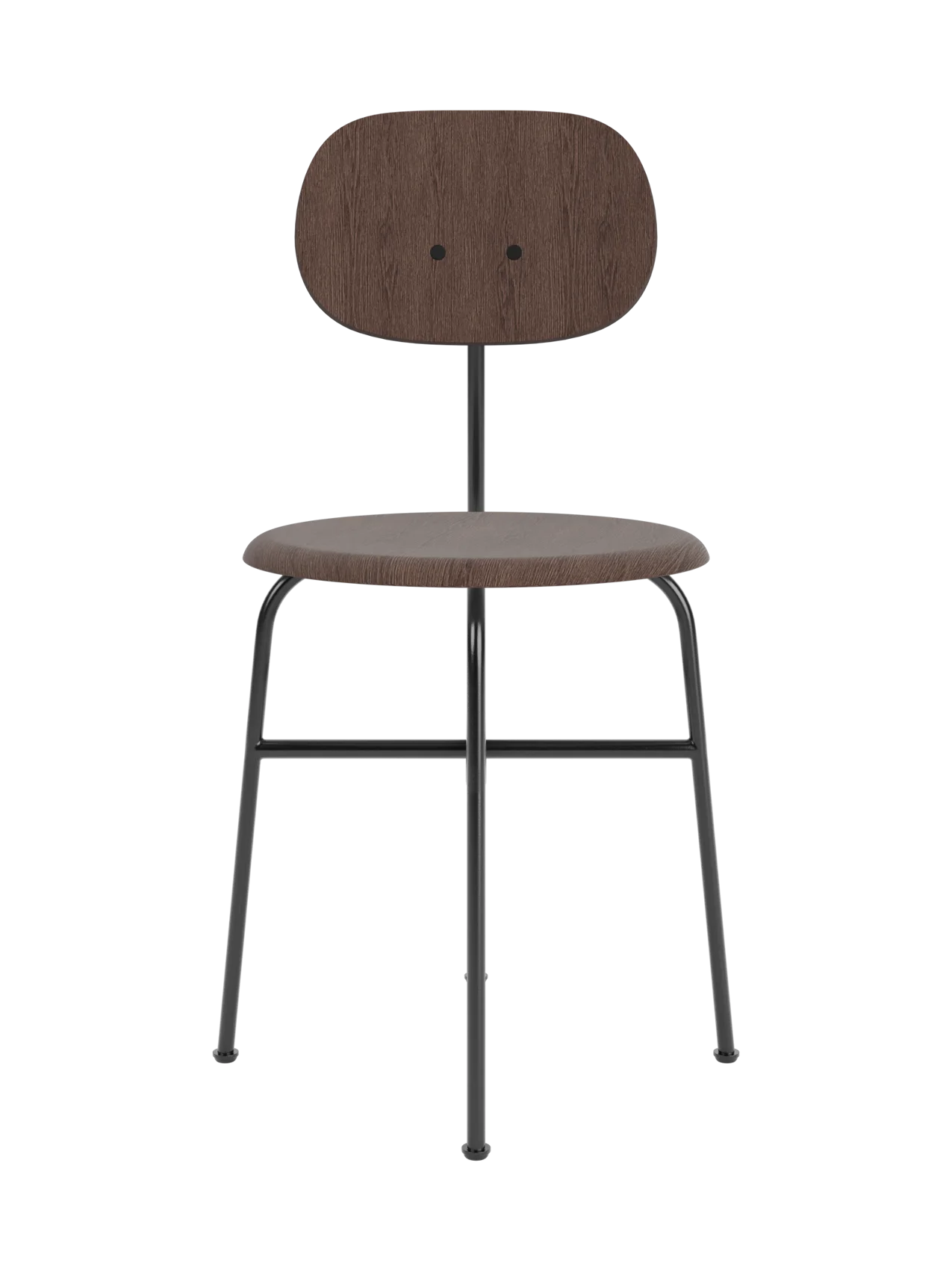 Front view of the Afteroom Dining Chair Plus in dark stained oak veneer with a black steel frame on a black background.