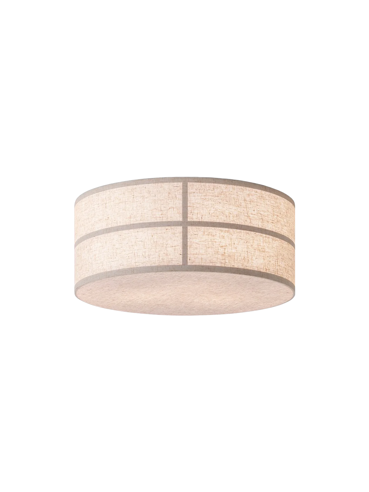 The Hashira Ceiling Lamp, Raw, seen from a low angle. The cylindrical, textured linen shade is lit, revealing its structure.