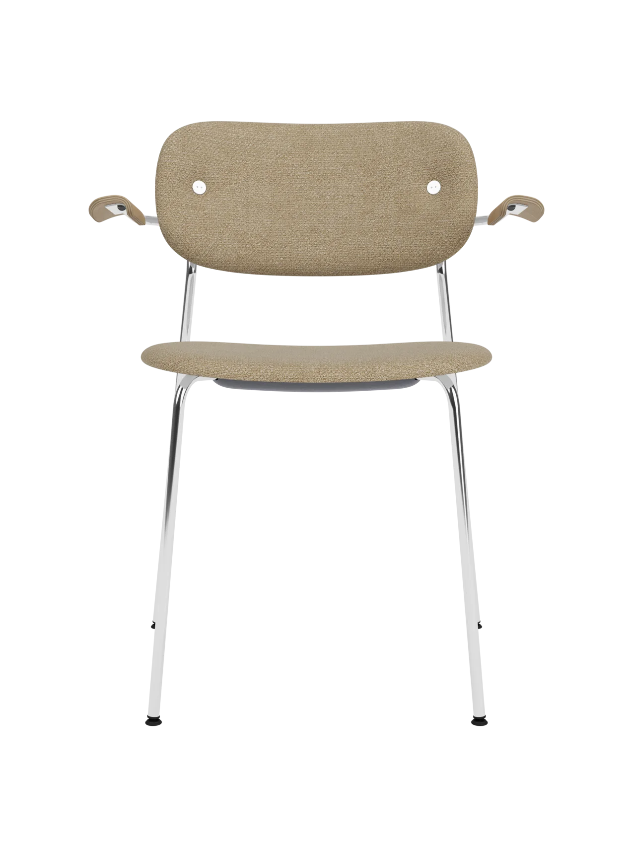 Fully upholstered Co Dining Chair with armrests, chrome frame, Natural Oak details and beige bouclé fabric.