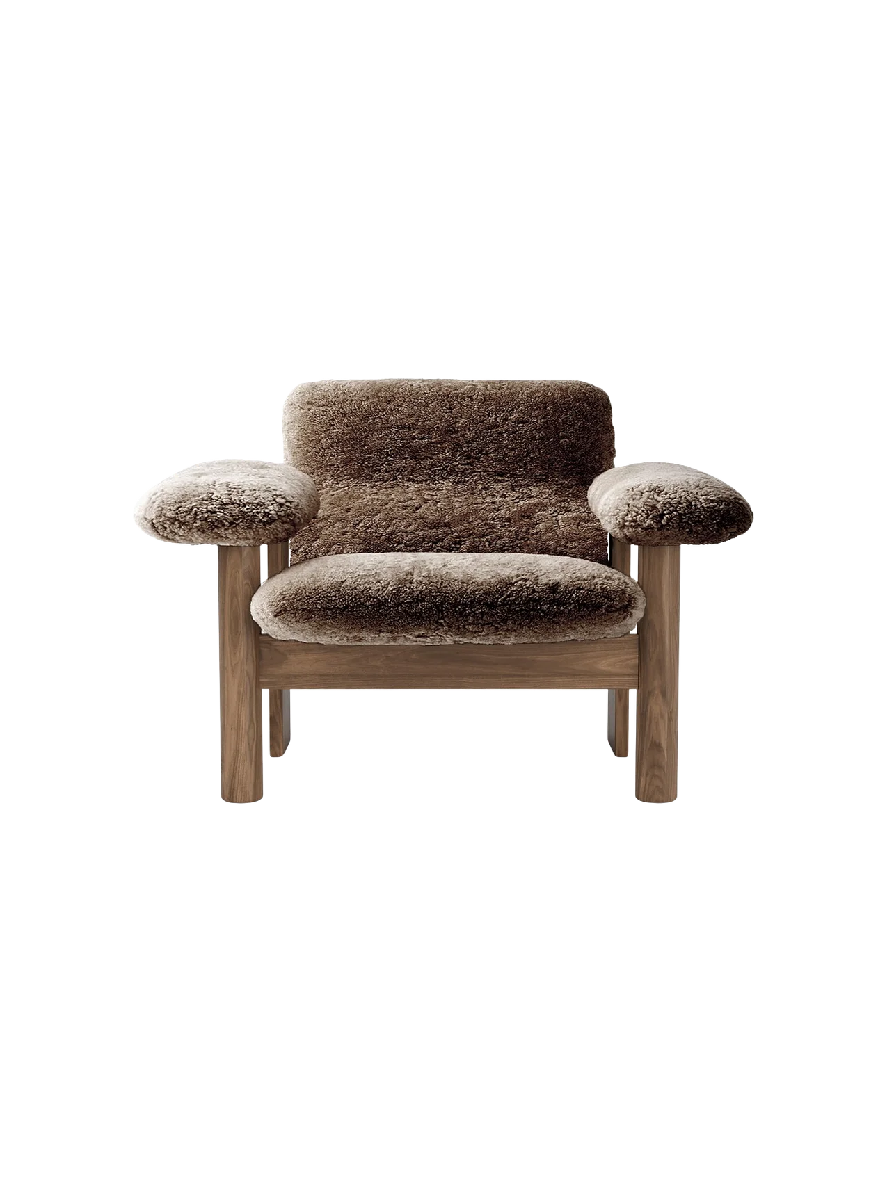 Front view of the Brasilia Lounge Chair in brown sheepskin with a low back and dark wood frame with rounded legs and arms.