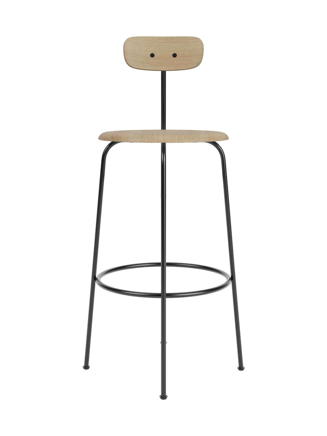 Front view of the Afteroom Bar Chair, Veneer in natural oak with a black powder-coated steel frame, on a black background.