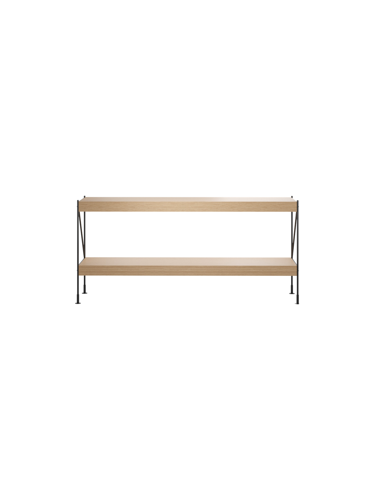 Back view of the Zet Storage System, a two-tiered shelving unit with natural oak shelves and a slim black steel frame.