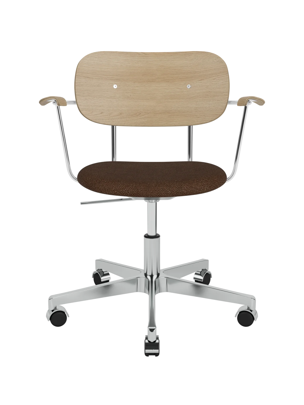 Co Task Chair with natural oak backrest, brown bouclé upholstered seat and a polished aluminium swivel base with castors.