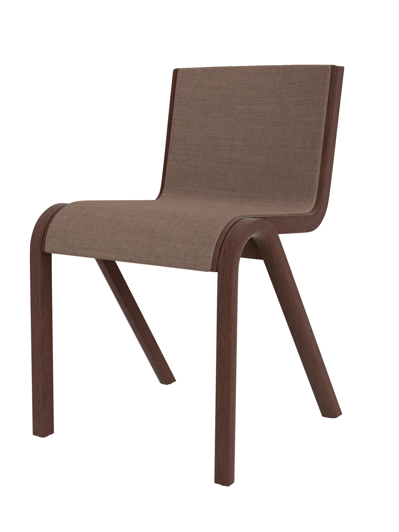 A side view of the Ready Dining Chair, Front Upholstered. The chair features a red-stained oak frame and brown canvas fabric.