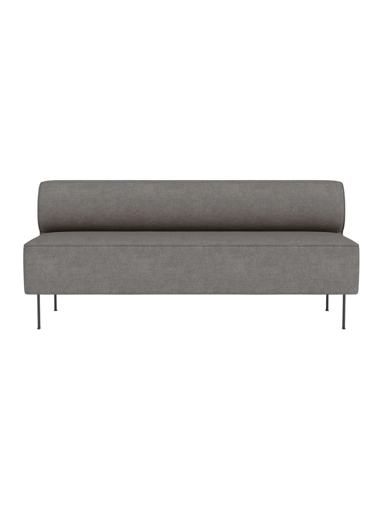 Front view of the Eave Dining Sofa in Audo Bouclé 16, a light grey textured fabric, showing its low back and slim metal legs.