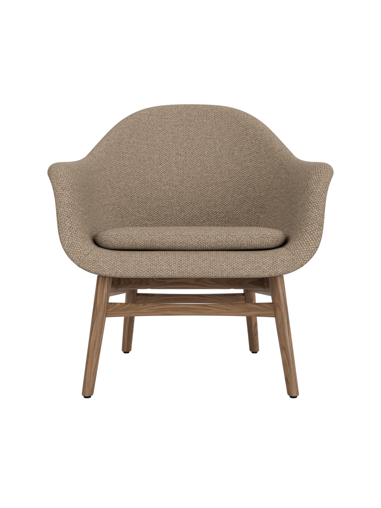 Harbour Lounge Chair in textured Logan Flint fabric with a solid walnut frame and minimalist, curved design.