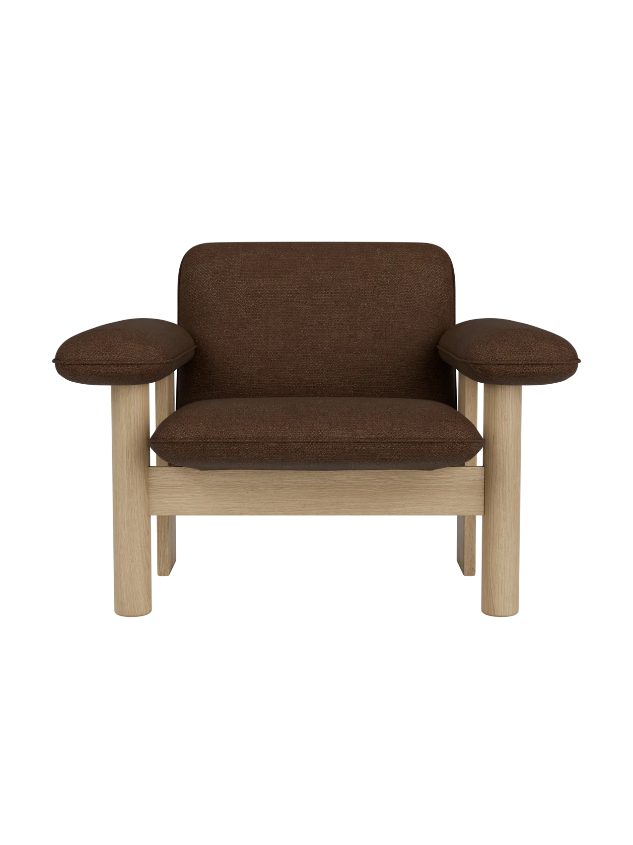 Brasilia Lounge Chair in brown Audo Bouclé 07 fabric with a solid natural oak frame and low back profile.