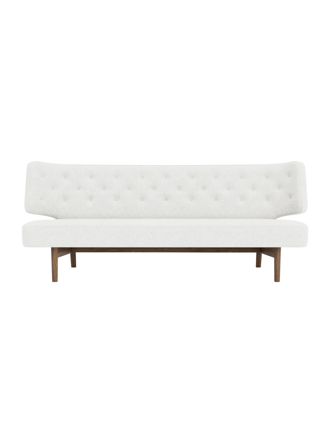 Front view of the Radiohus Sofa P2, featuring off-white button-tufted upholstery and a dark walnut wood frame.