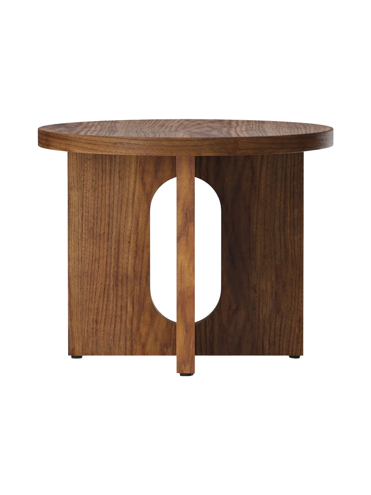 A front view of the Androgyne Side Table, Ø50, in walnut veneer, with its round top and flat-legged base with an oval cutout.