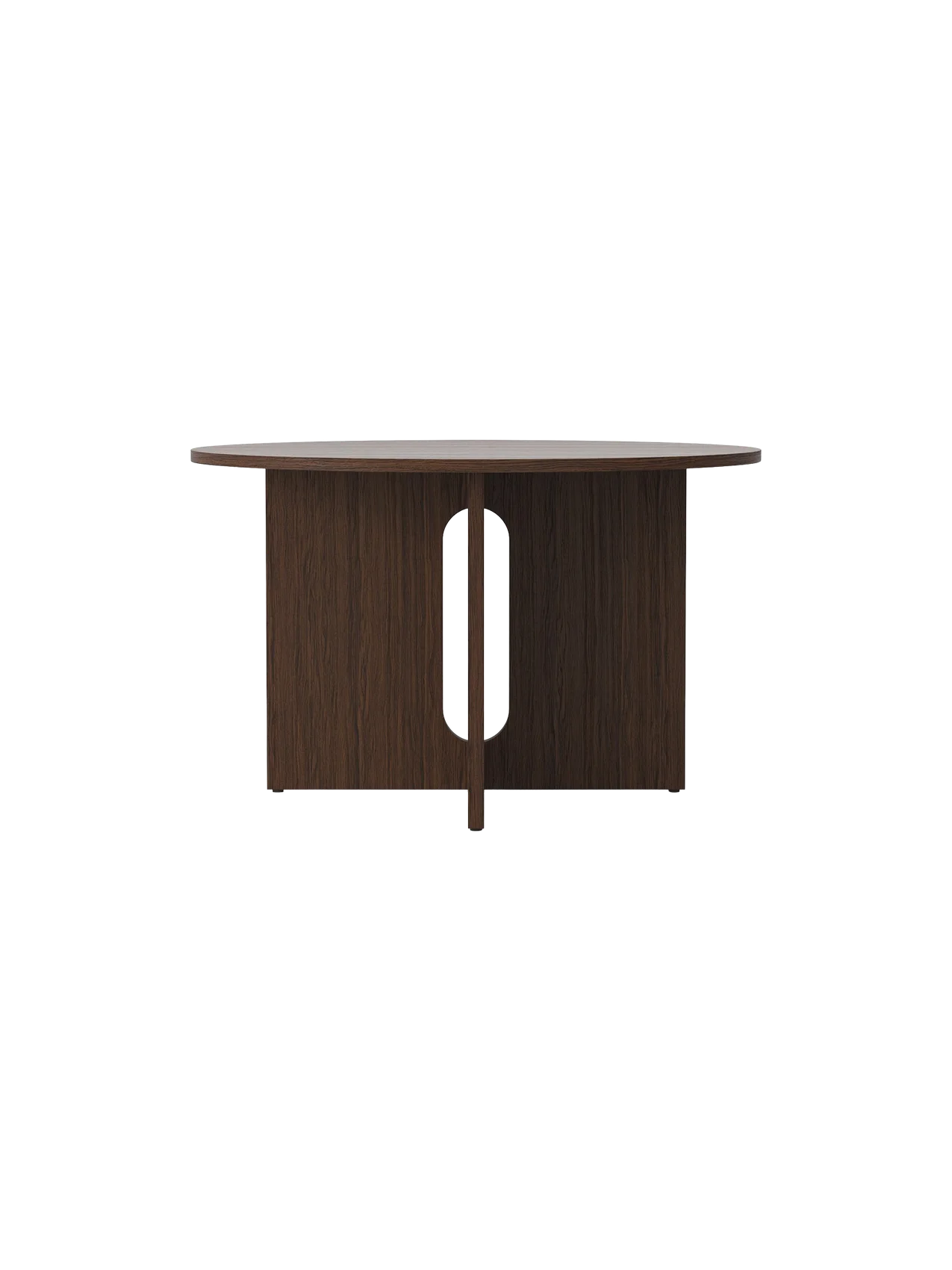 Front view of the round Androgyne Dining Table in dark stained oak, featuring its distinctive base with a vertical cutout.