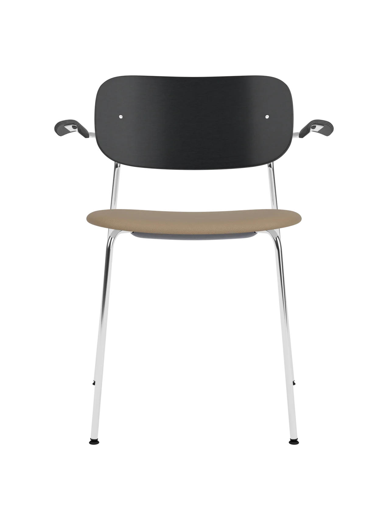 Black oak Co Dining Chair with armrests, featuring a tan Sierra 1611 leather seat and slim chrome frame.