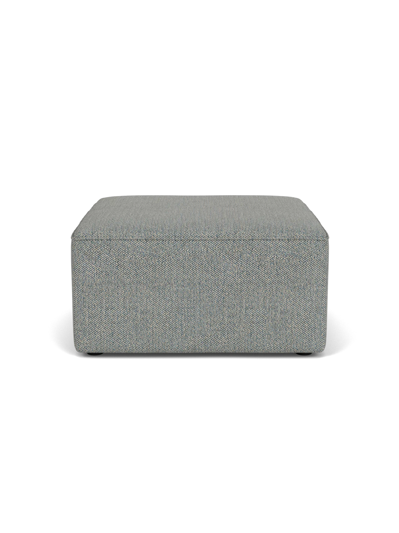 A front view of the Eave Modular Pouf, 75. The square pouf has textured, light blue and grey Safire 012 upholstery.